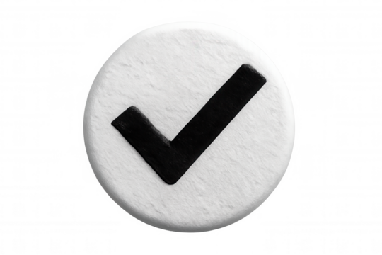 Black check mark symbol is displayed on a white circular button, conveying confirmation, approval, or completion, with transparent background