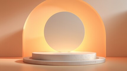 matte plaster podium with warm ambient light on soft ivory peach gradient