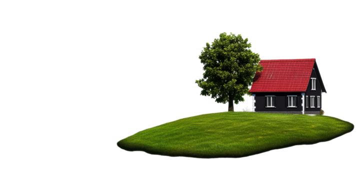 Isolated Black House with Red Roof and Green Tree on Rolling Hillside, cut out transparent - Powered by Adobe