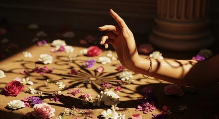 Elegant Hand Reaching Out Amidst Scattered Blossoms and Sunlight