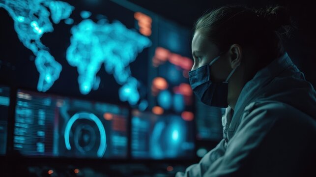 It specialist wearing a protective mask working late in a dark office, analyzing global security data on multiple screens displaying a world map with charts and graphs