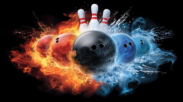 Bowling setup with fiery and watery elements on a black background