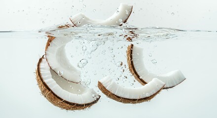 Coconut slices submerged underwater with air bubbles and splashing water creating tropical refreshment and natural beverage ingredient concept