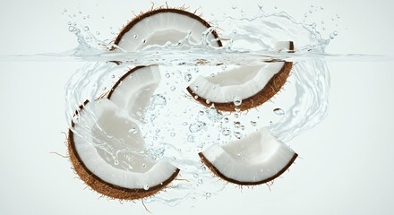 Fresh coconut pieces creating dramatic water splash with crown effect and bubbles on light background for tropical beverage advertising