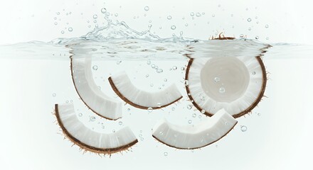 Coconut slices floating underwater with air bubbles and gentle ripples on water surface showing natural hydration and tropical beverage concept