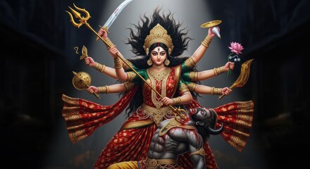 The Divine Goddess Durga Vanquishing Evil Forces