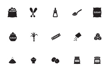 Sugar and sweetener icon set. Black silhouette collection of sugar products and ingredients like sugarcane, cubes, bag, and spoon. Vector symbols for food and industry