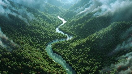 Epic aerial establishing shot, winding river cutting lush emerald rainforest, one side vibrant green, other side scorched raging wildfire, thick billowing smoke rising atmosphere, cinematic lighting - Powered by Adobe