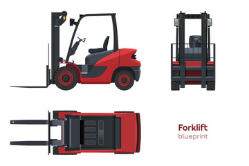 Red forklift drawing. Isolated cargo loader. Side, front and top view of industrial machine. 3D model of warehouse transport. Logistic vehicle