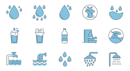 icons of water, drop, drinking water, rain, splash, glass of water, h2o, bottle of water, wave, sparkling water, hot water, save water