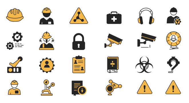 Work safety icon set. Containing hard hat, risk management, first aid kit, ear protection, workplace security, CCTV, regulation, safety training, hazard and more. Solid vector icons collection handmad
