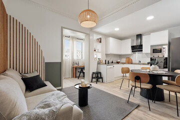 Modern luxury apartment interior in minimal scandinavian style, 3d rendering