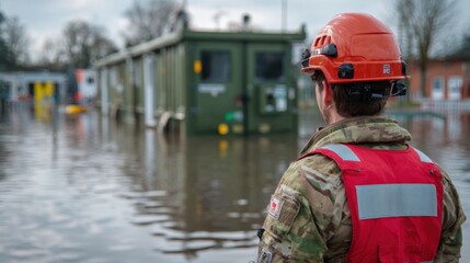 Specialist in medium shot assessing stability sensors embedded in an amphibious clinic base main object sharp with gentle blur on surrounding floodaffected area for context.