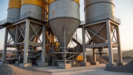 Industrial storage silos with modern design, showcasing large metal structures and gravel surface. scene conveys sense of efficiency