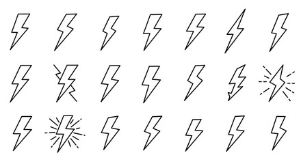 Lightning bolt icons set, black outline of flash lightning bolt icon vector illustration. Energy, power symbol.
