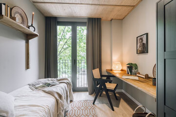 Modern luxury bedroom interior in minimal scandinavian style, 3d render
