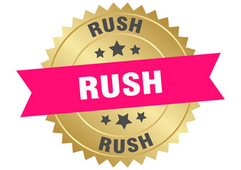 Obraz premium rush. rush round pink and gold label isolated on transparent background