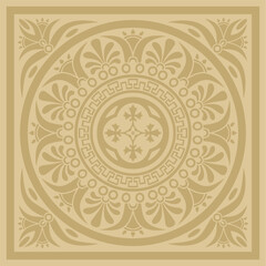 Vector golden classic Greek square ornament. Rectangle of Ancient Greece and Roman Empire. Byzantine painting of walls, floors and ceilings. Decoration of European palaces.
