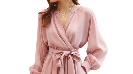 Cute Women's V-Neck Chiffon Dress A picture of a women's long-sleeve dress with a bow-tie waist and a loose fit, in a solid light pink color with a deep neckline. -