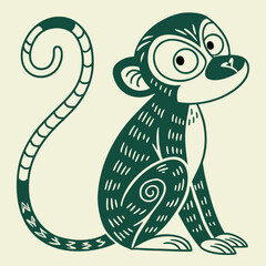 A cartoon monkey sitting and looking to the side with a long tail