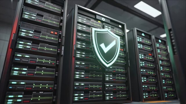 Premium web hosting service advertisement, secure servers with speed elements and reliability badges, modern data center background
