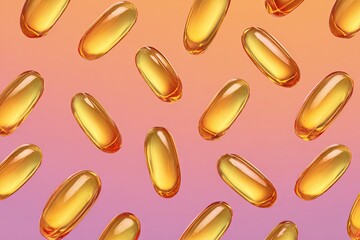 Golden oval capsules scattered on a soft gradient background