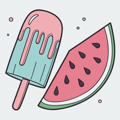 Colorful illustration of popsicle and watermelon slice on white background