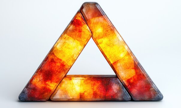 Translucent, orange triangle composed of three textured segments, lit from within, set against a white surface. Each segment appears to be made from a mineral