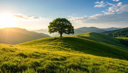 丘陵に立つ一本の大木と夕日