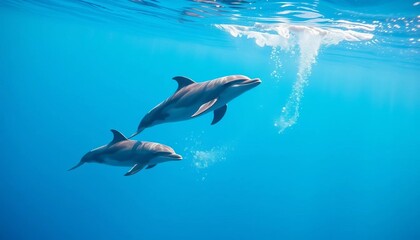 Underwater playful dolphins leap in shallow blue, bubblegrid pod floats nearby,   floating pod,  mammal