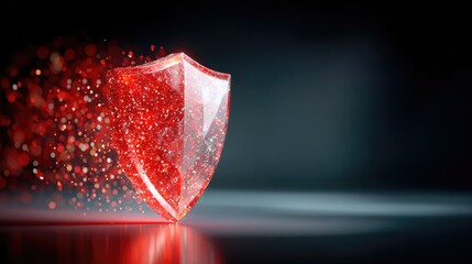 A cracked shield icon with glitching pixels and a red alert warning, representing compromised cyber protection