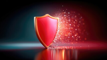 A cracked shield icon with glitching pixels and a red alert warning, representing compromised cyber protection