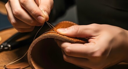 hands sewing leather close up crafting handmade product