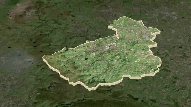 Kirklees region, England - Great Britain, extruded. Map animation