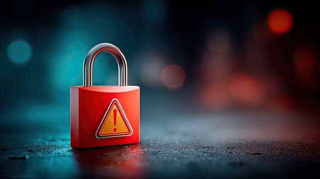 Close-up of a stylized digital padlock with a system warning symbol over glitching cyber background