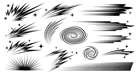 line sparkle vector set, comic style decorative lines, burst effects, and dynamic radial patterns in black for enhancing illustrations, comics, and graphic designs with energetic visual elements
