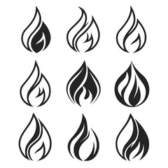 Collection of black and white flame icons in various styles