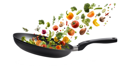 Different vegetables falling into the frying pan isolated on a white background