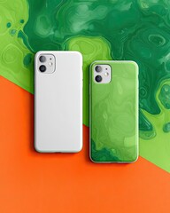 Two phone cases, white and lime green, on a vibrant orange and green background