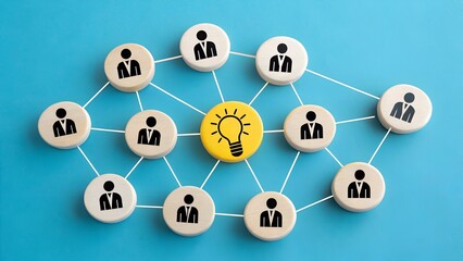Yellow Lightbulb Icon Connecting Business Network on Blue Background – Leadership, Innovation, Teamwork, Abstract Symbolism, Minimal Style, Stock Photo