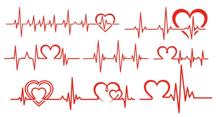 Red heartbeat line collection with heart symbol, cardiology, medical pulse, ECG, EKG design, healthcare clipart vector illustration, health monitoring, digital heartbeat graphics minimal
