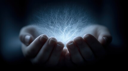 Hands cradle soft light, forming a nest around the silhouette of a resting human figure in a serene and ethereal moment