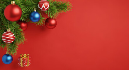 Naklejka premium Festive Holiday Arrangement with Red and Blue Ornaments Hanging from a Green Pine Branch, Accented by a Small Gift Box on a Vibrant Red Background, Ideal for Seasonal Decor