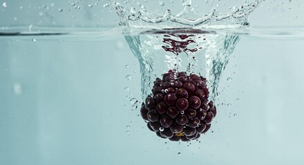 Round elderberry cluster sinking underwater with symmetrical splash and bubble trail, high-quality food beverage photography