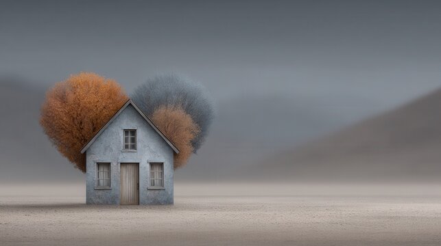 Abstract heart-shaped landscape embodies love and home in a serene, architecturally absent environment with vibrant trees