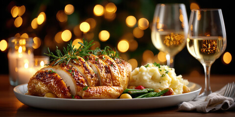 A festive Christmas dinner featuring a roasted chicken, mashed potatoes, and vegetables. Two glasses of white wine are placed beside the dish, with a decorated tree in the background.