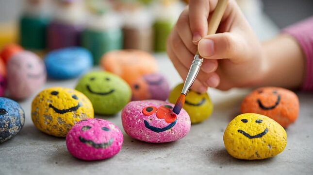 Child painting colorful rocks with smiley faces in a creative activity.