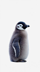 Emperor penguin chick standing upright against white seamless background,