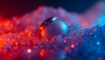 A spherical stylish jar for cream or other high quality cosmetic product lying at an angle on a brightly lit pile of crystal decorative substance under bright colored lighting