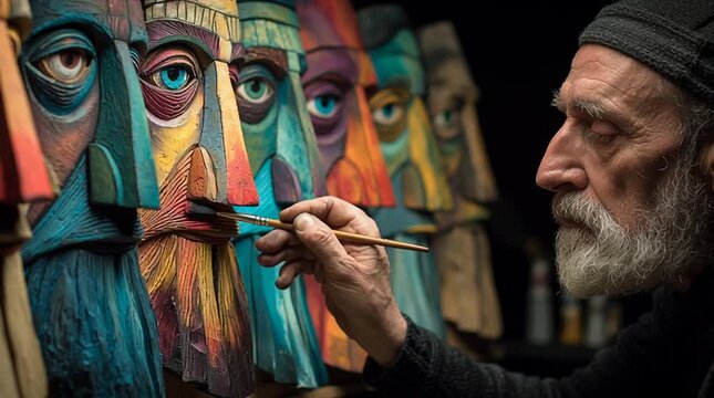 Artist carefully painting colorful masks with intricate details and expression.